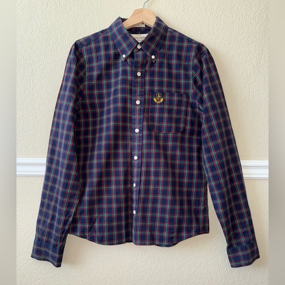 Abercrombie & Fitch Cotton Muscle Button Down Collared Shirt Tartan Plaid Navy M - Picture 3 of 9